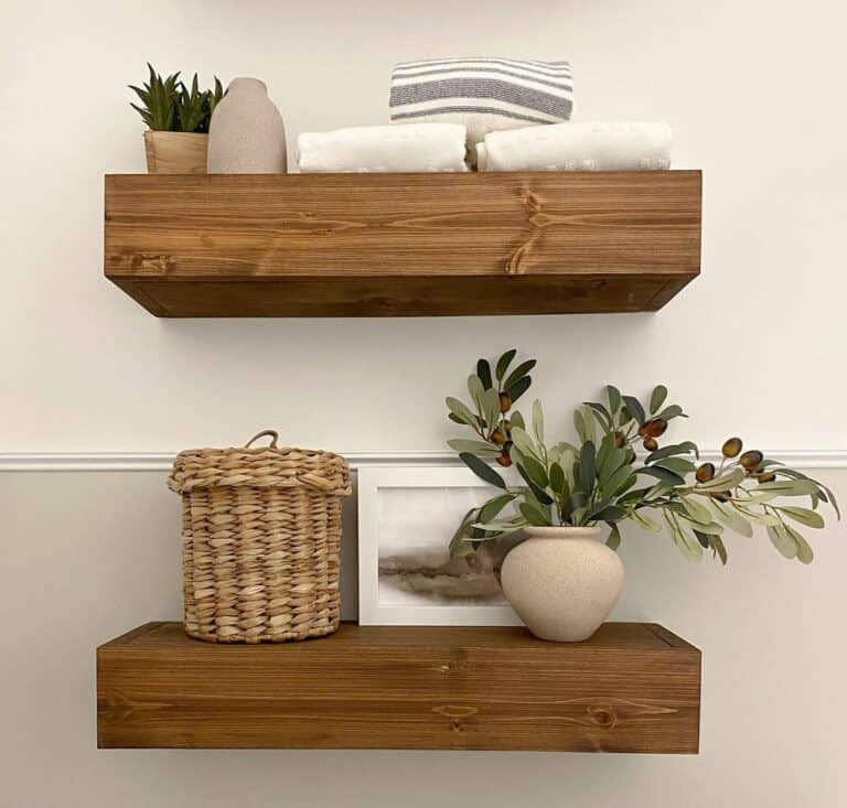 Wood Shelves in Neutral Bathroom