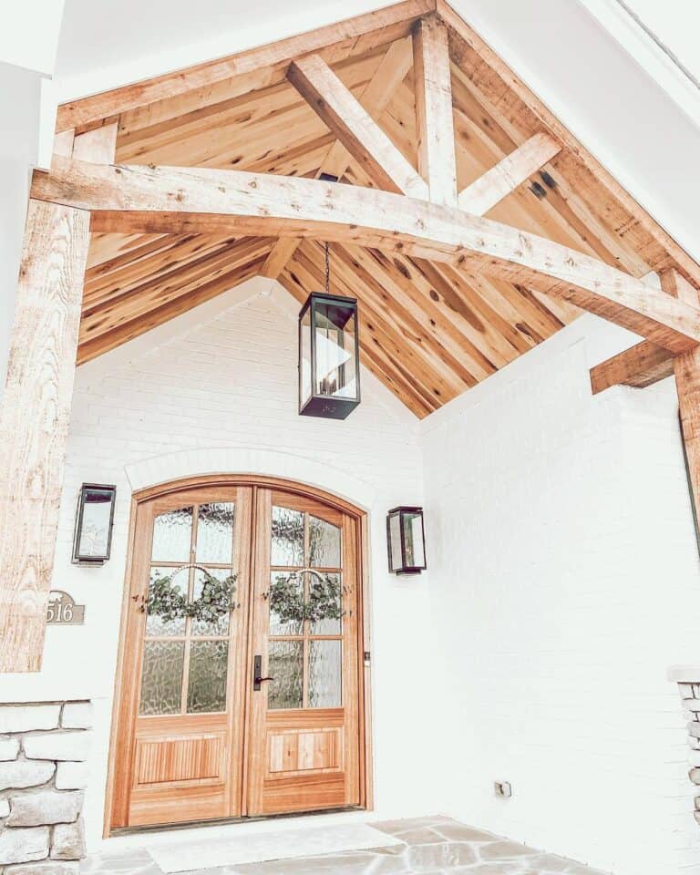 Wooden Ceiling and Flagstone Front Porch Design