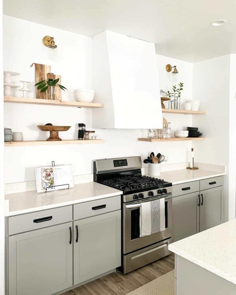 Wooden Kitchen Shelves Around White Hood Vent