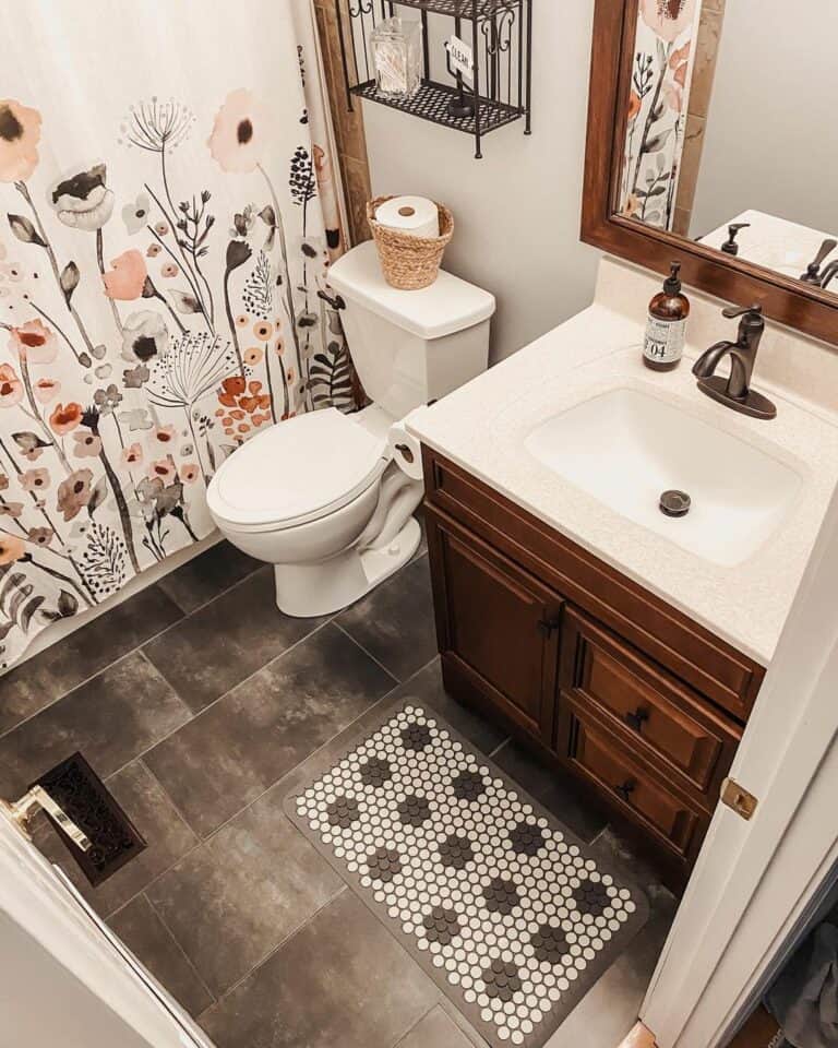 Wooden and Floral Bathroom Vanity Area
