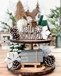 Woodland Christmas Decorations on a Tiered Tray