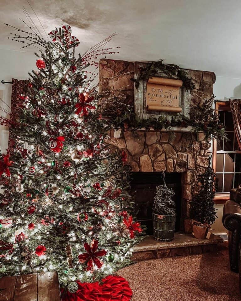 Woodsy Holiday Decorations for a Stone Fireplace