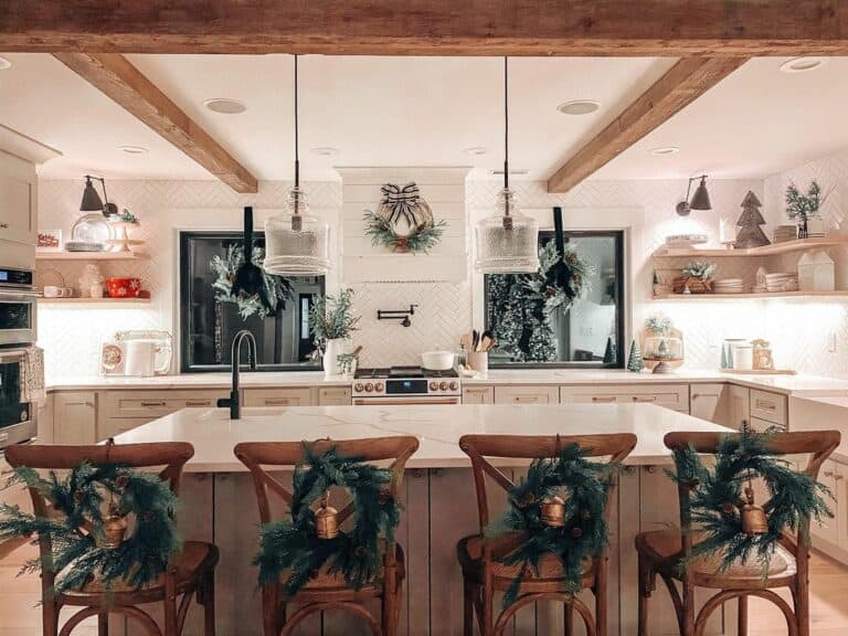 Wreaths on Windows in a Rustic Farmhouse Kitchen