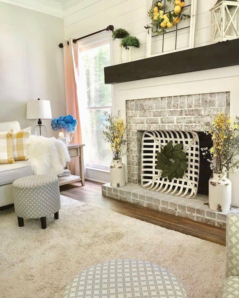 Yellow Accents for an Empty Farmhouse Fireplace