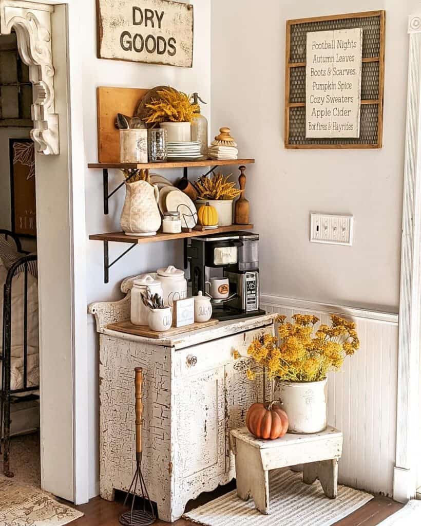 Yellow Branches Above a Rustic Cabinet