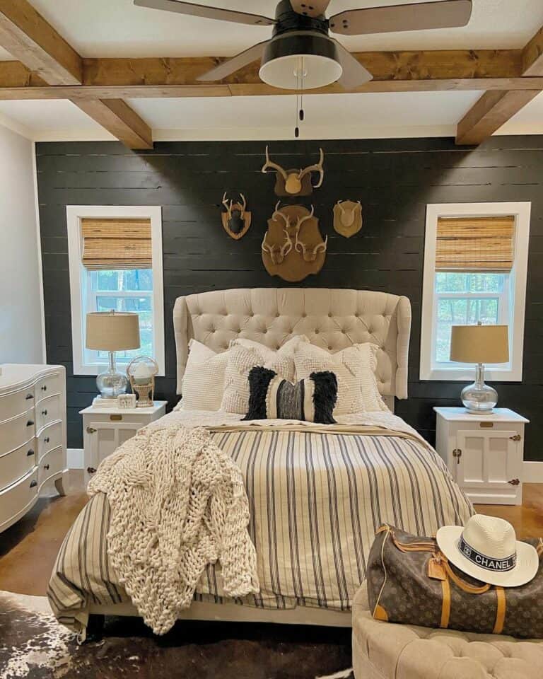 Antlers on a Black Shiplap Accent Wall