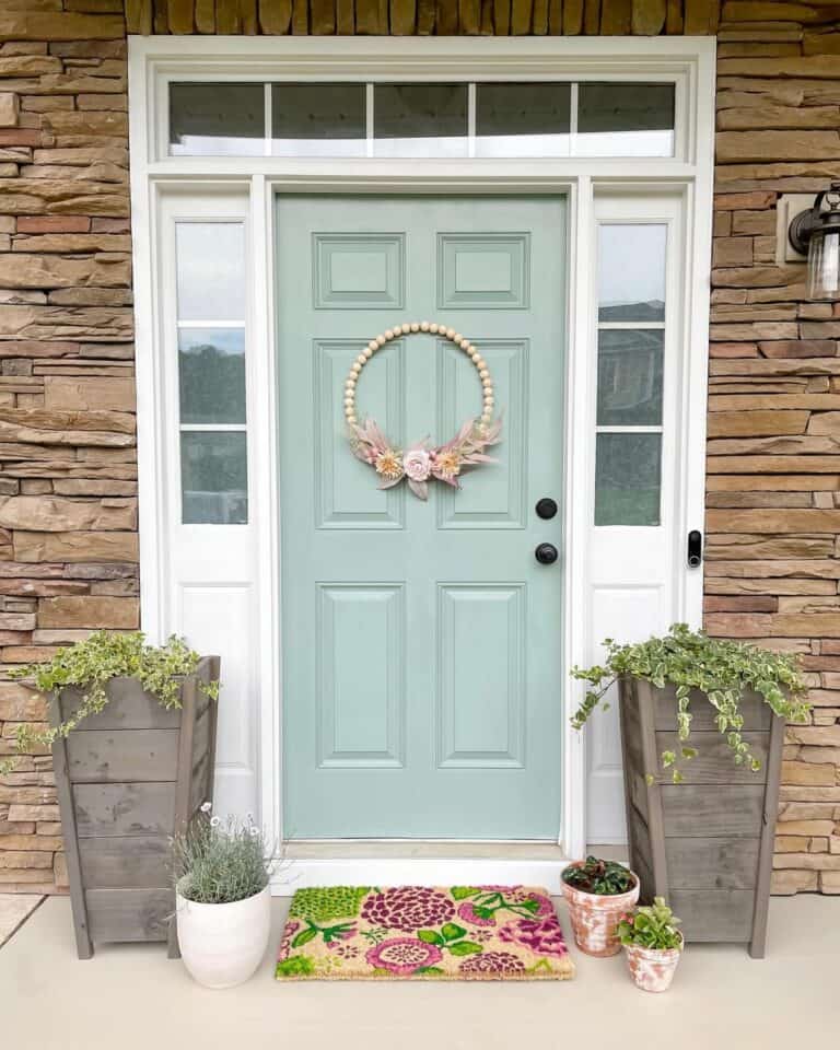 Aqua Blue Transom Door With Wood Wreath