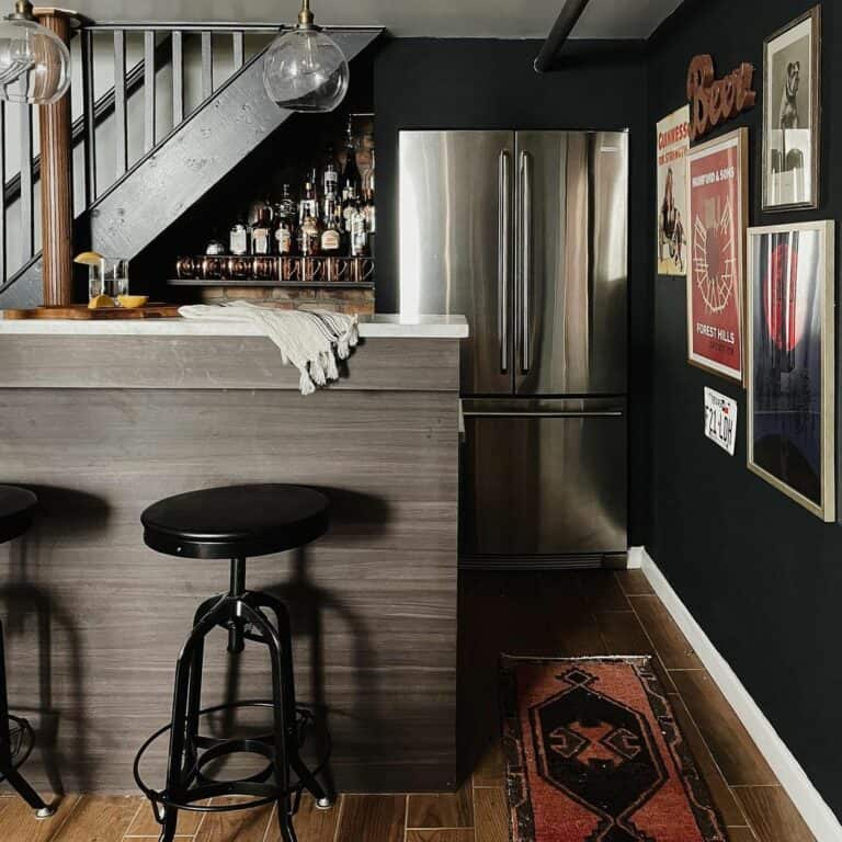 Basement Home Bar With Black Bar Stools