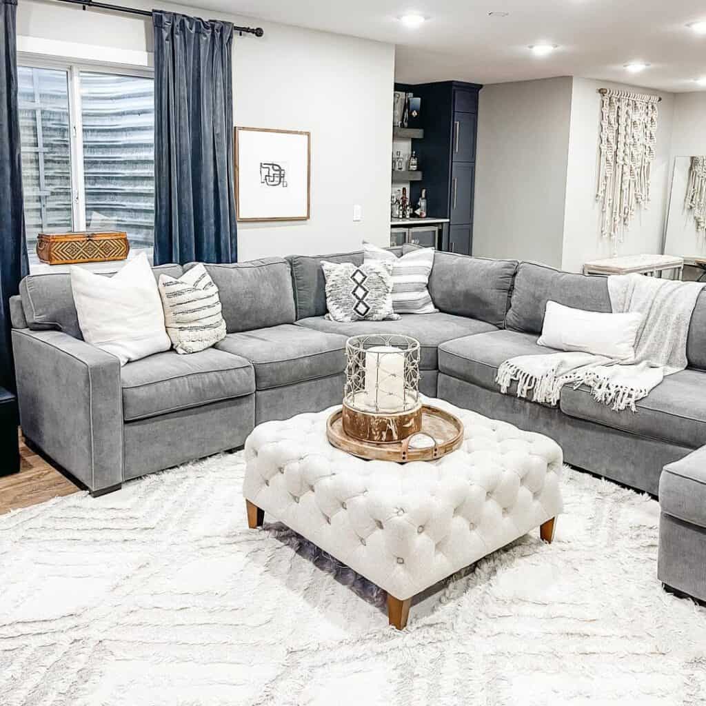 Basement Living Room With Gray Sofa