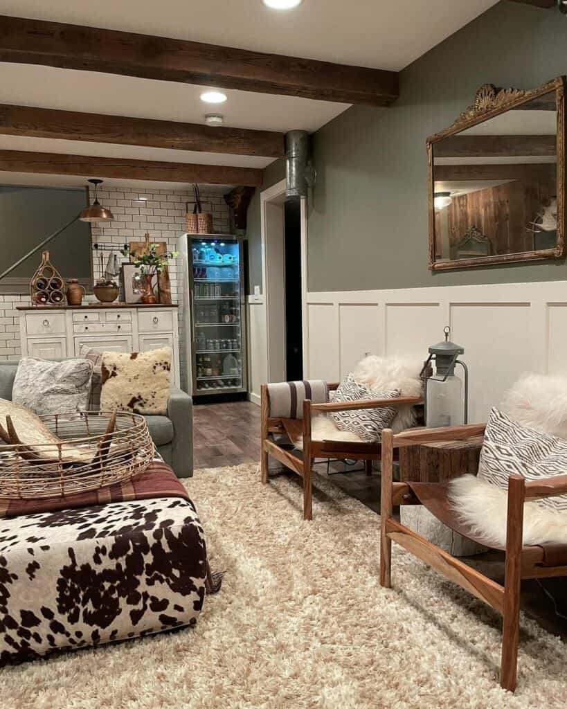 Basement With Cowhide Ottoman Coffee Table