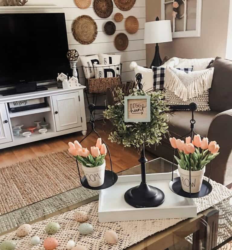 Basket Wall Décor in Spring Living Room