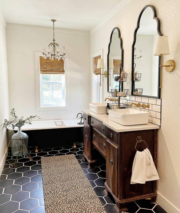 Bathroom Farmhouse Décor and Hexagon Tile Flooring