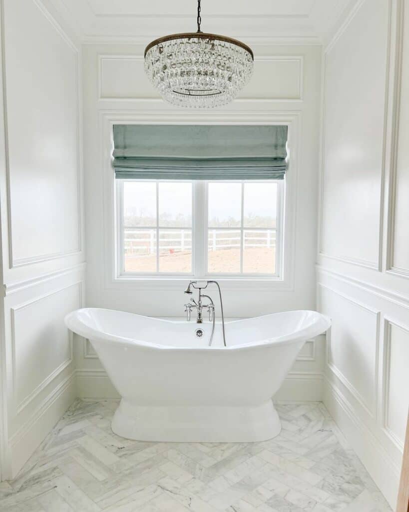 Bathroom Window Treatments With White Wainscoting