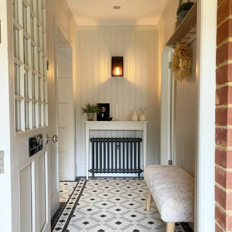 Beadboard Hallway With Intricate Tile Flooring