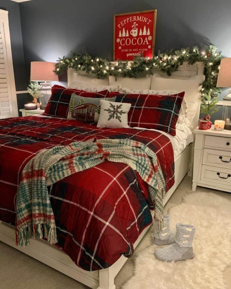 Bed With Dark Red Plaid Blankets