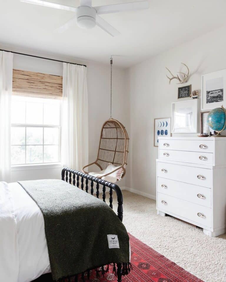 Bedroom Seating Area With Hanging Wicker Egg Chair