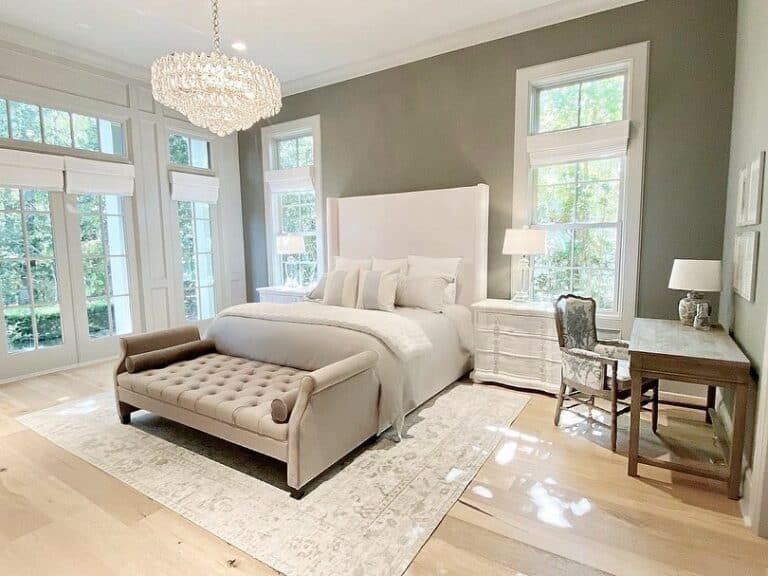 Bedroom Seating Area With Tan Tufted Bench