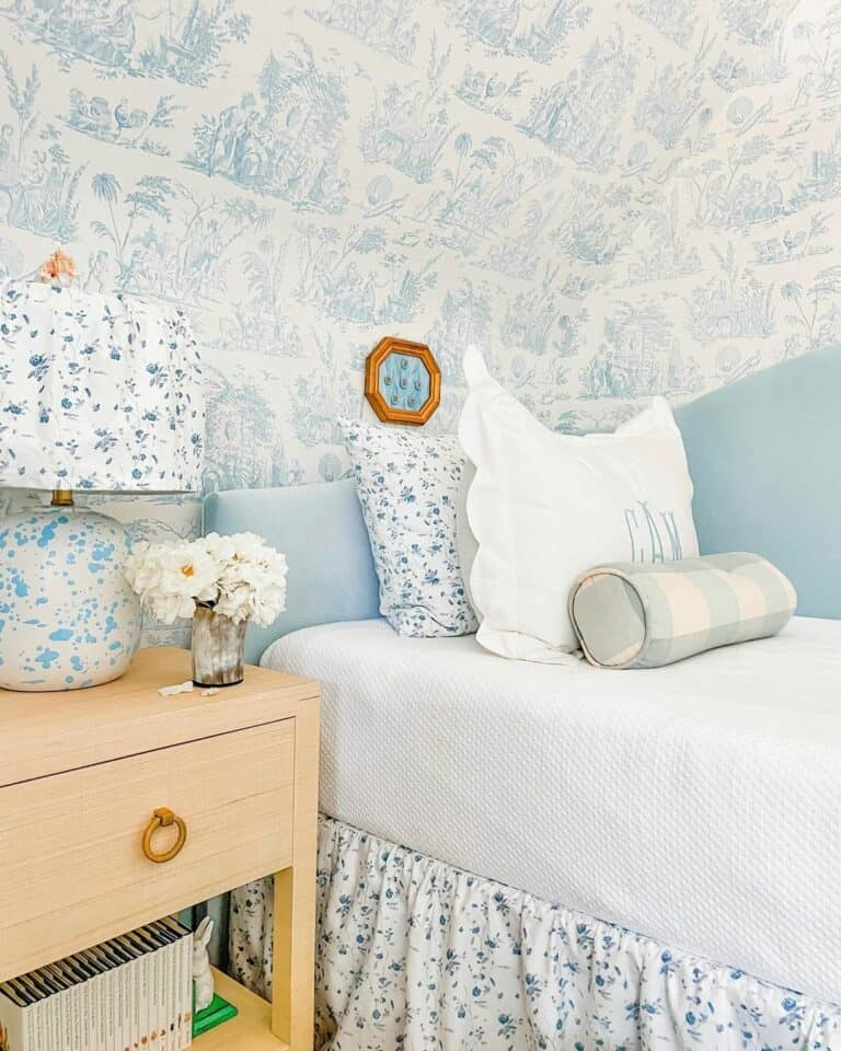 Bedroom With Blue and White Whimsical Wallpaper