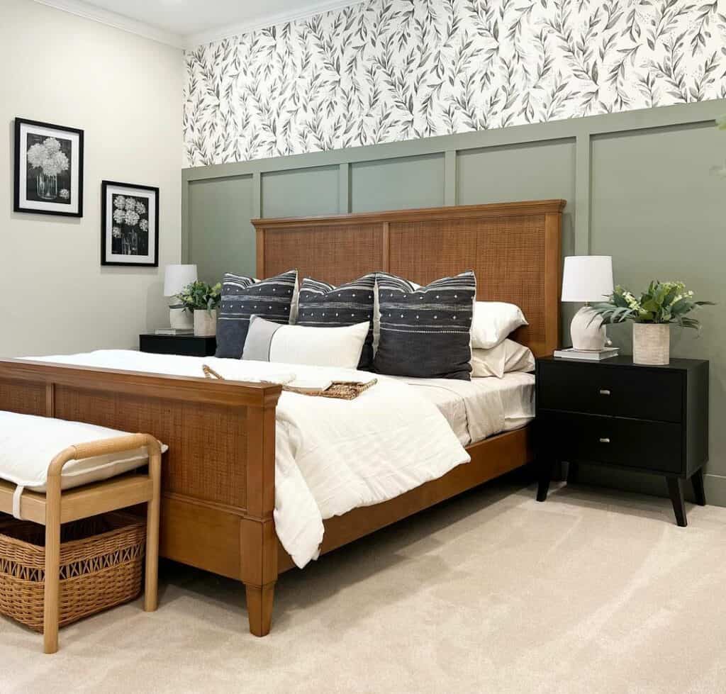 Bedroom With Evergreen Fog Board and Batten Half Wall