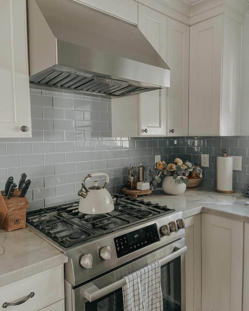 Beige Countertops Complement Light Gray Tile