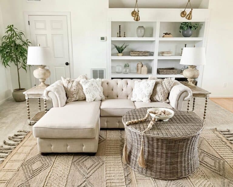 Beige Living Room With Wicker Round Table