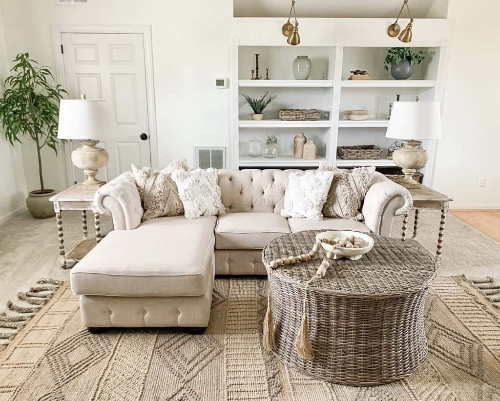 Beige Living Room With Wicker Round Table