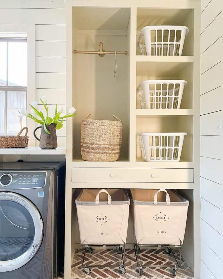 Beige Storage Shelves With Laundry Drying Rod