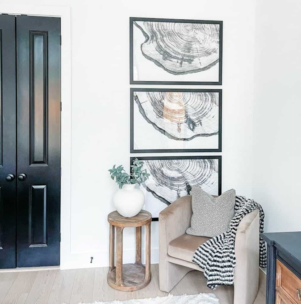 Black Double Doors With White Trim and Artwork