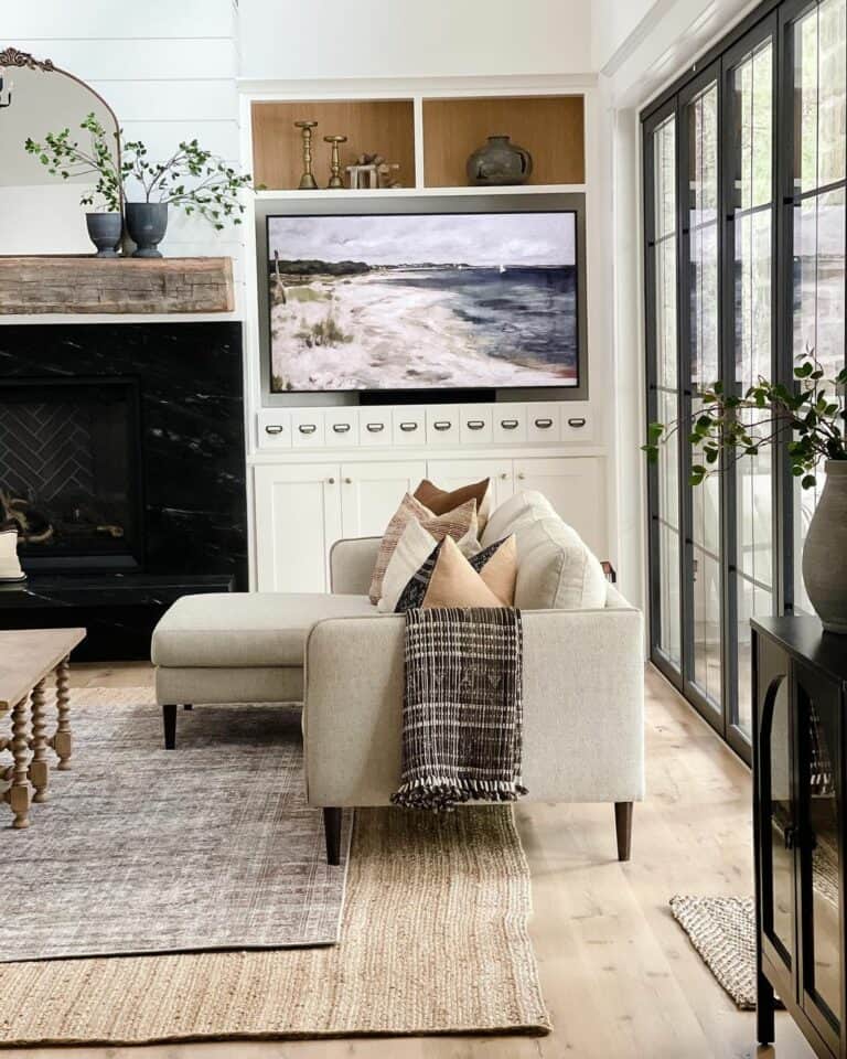 Black Fireplace in a Contemporary Living Room