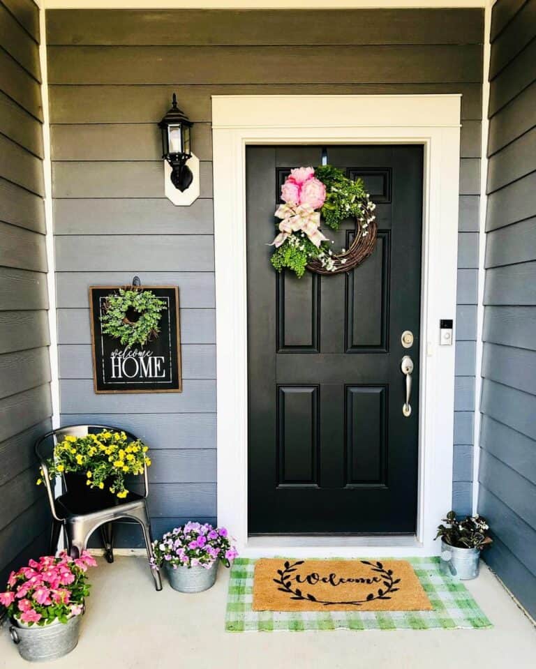 Black Front Door With Spring Grapevine Wreath