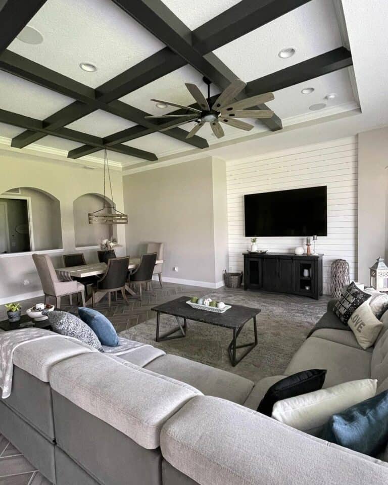 Black Living Room Coffered Ceiling With Modern Décor
