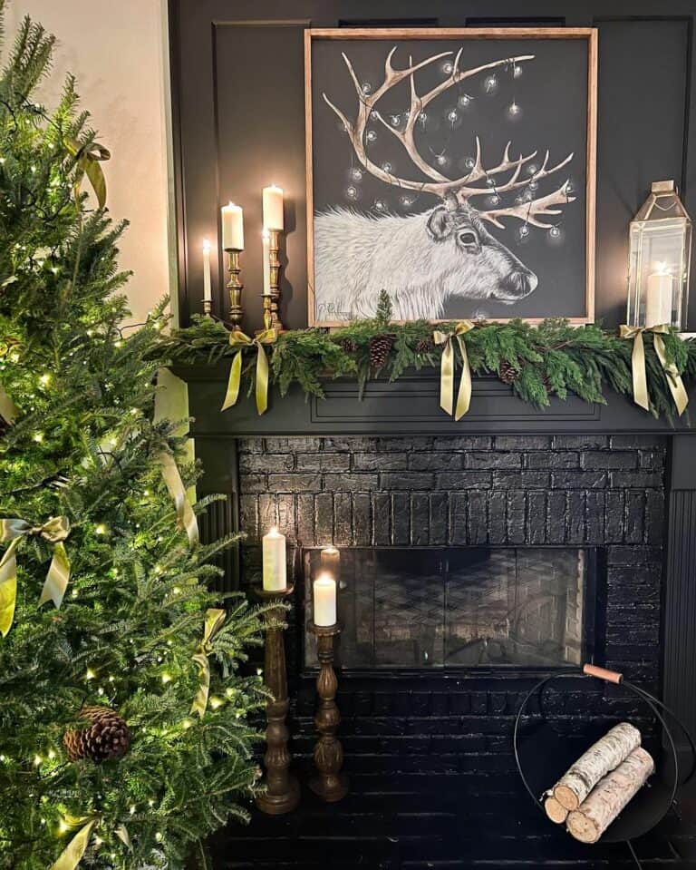 Black Painted Fire Place Ideas With Evergreen Garland