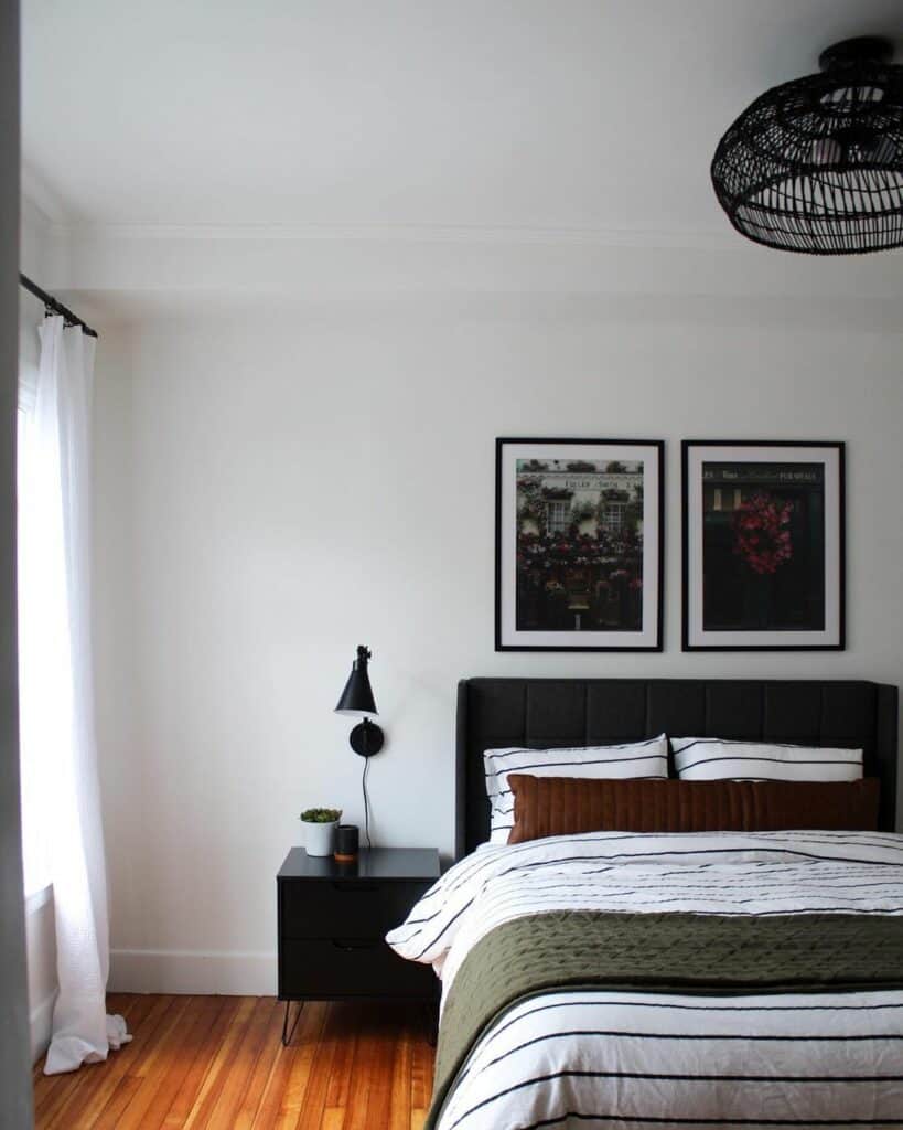 Black Wicker Pendant Light and a White Comforter