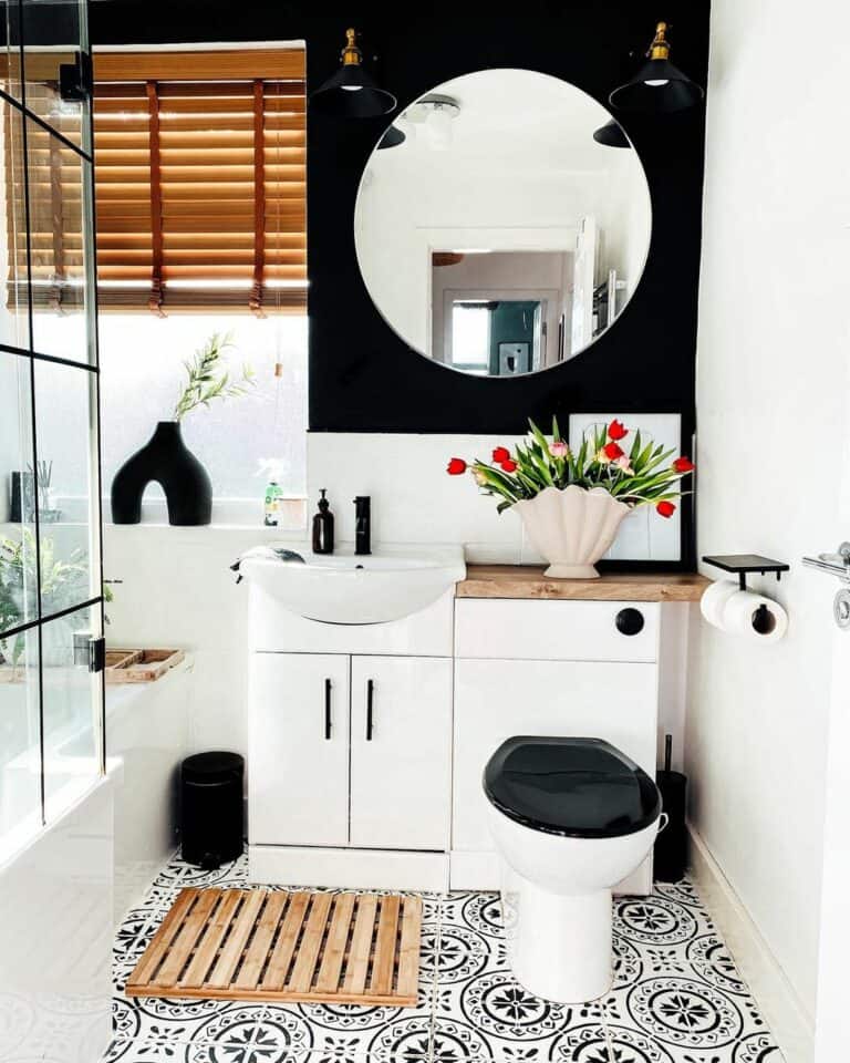 Black and White Bathroom With Wooden Accents