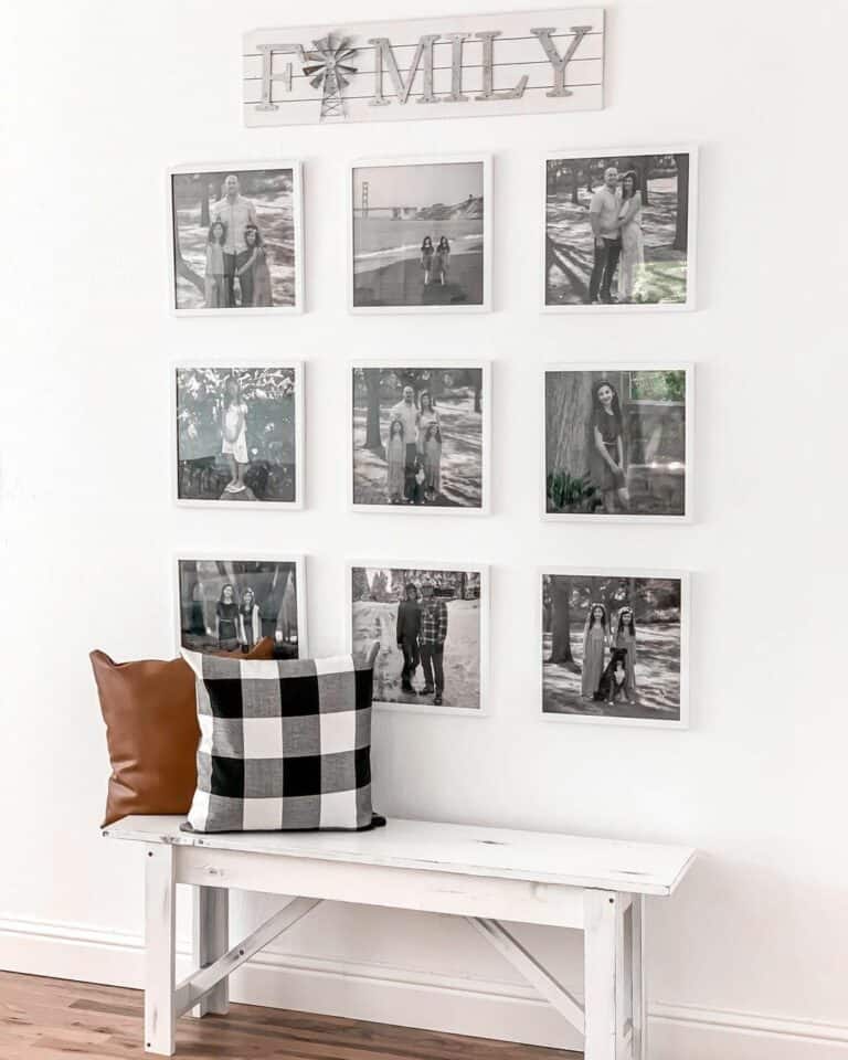 Black and White Gallery Wall With Rustic Bench