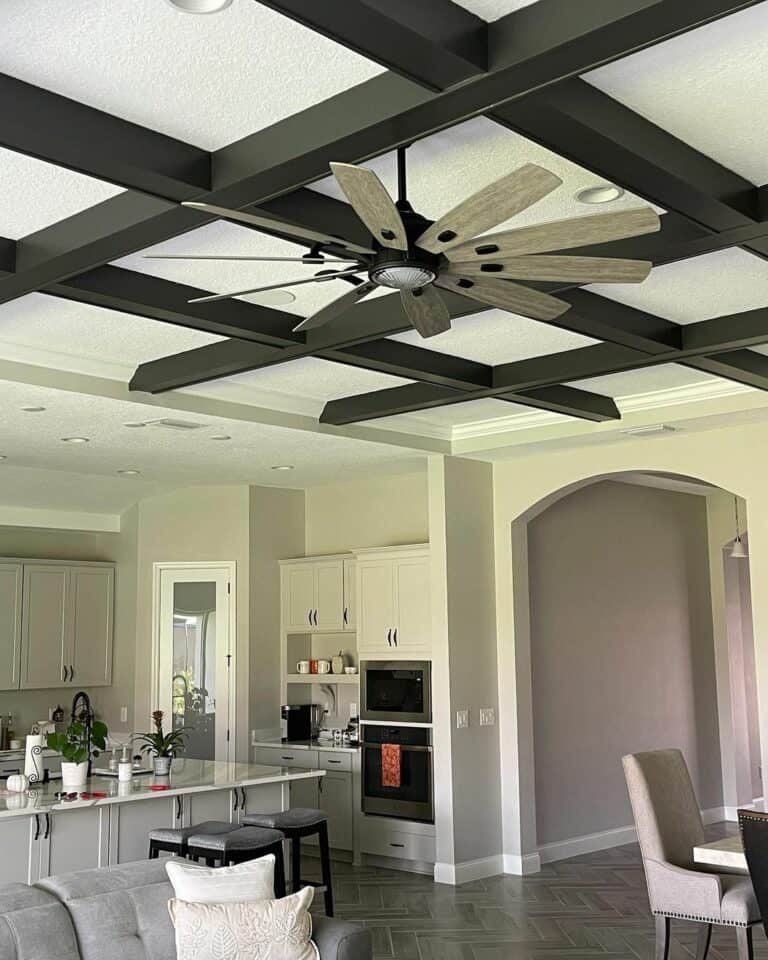 Black and White Kitchen With Coffered Ceiling