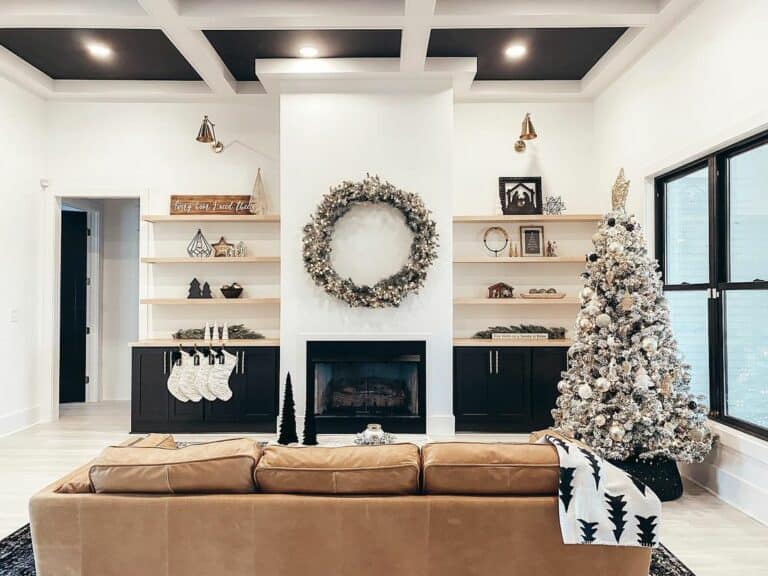 Black and White Living Room Coffered Ceiling With Modern Accents