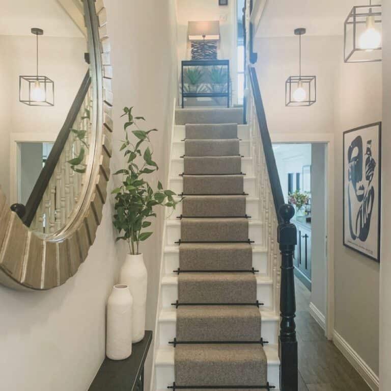 Black and White Staircase With Gray Runner