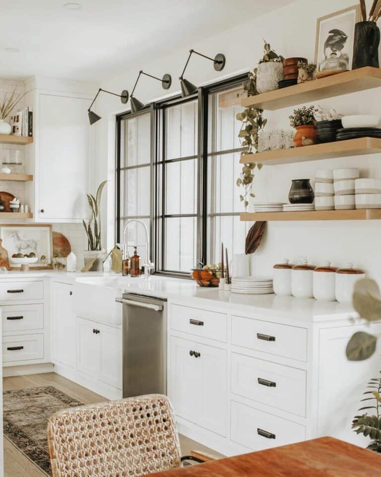 Black-frame Windows in White Kitchen