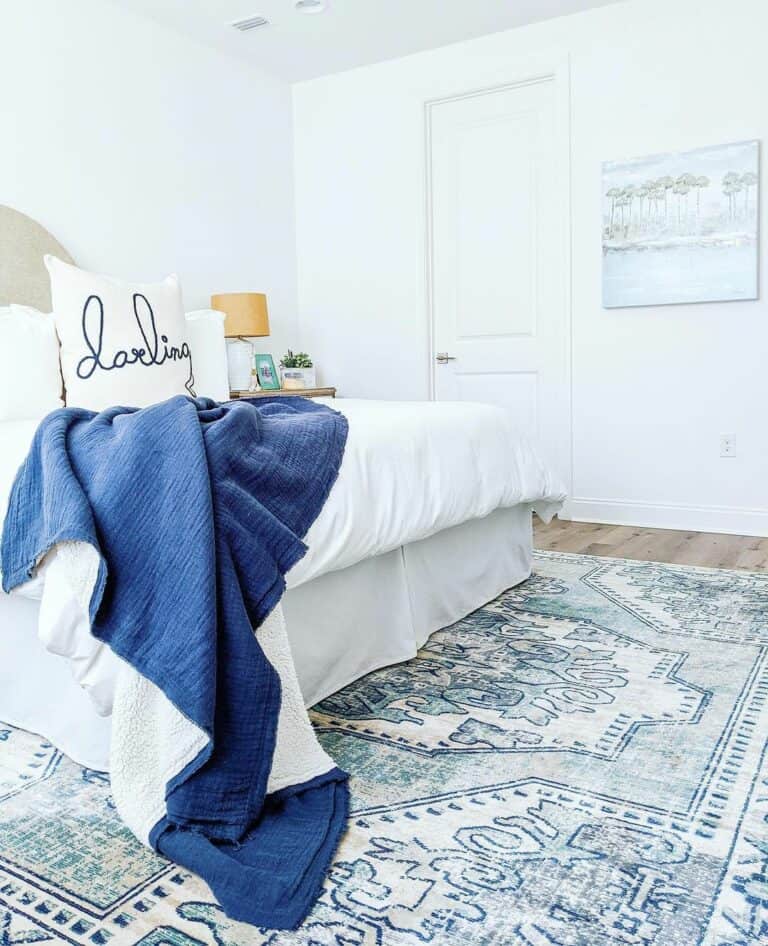 Blue Bedding in Coastal Farmhouse Bedroom