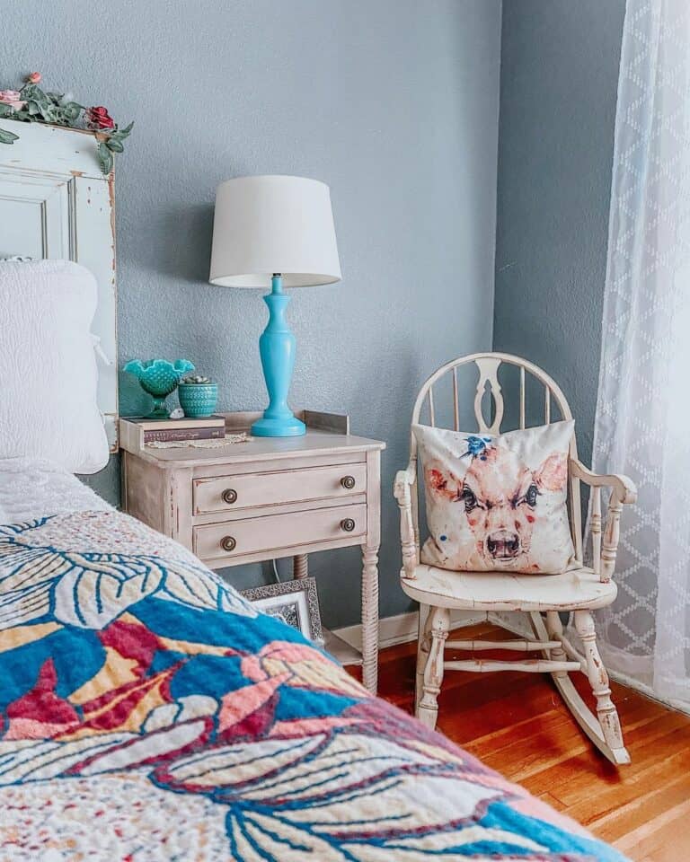 Blue Bedroom With Beige Wood Rocking Chair