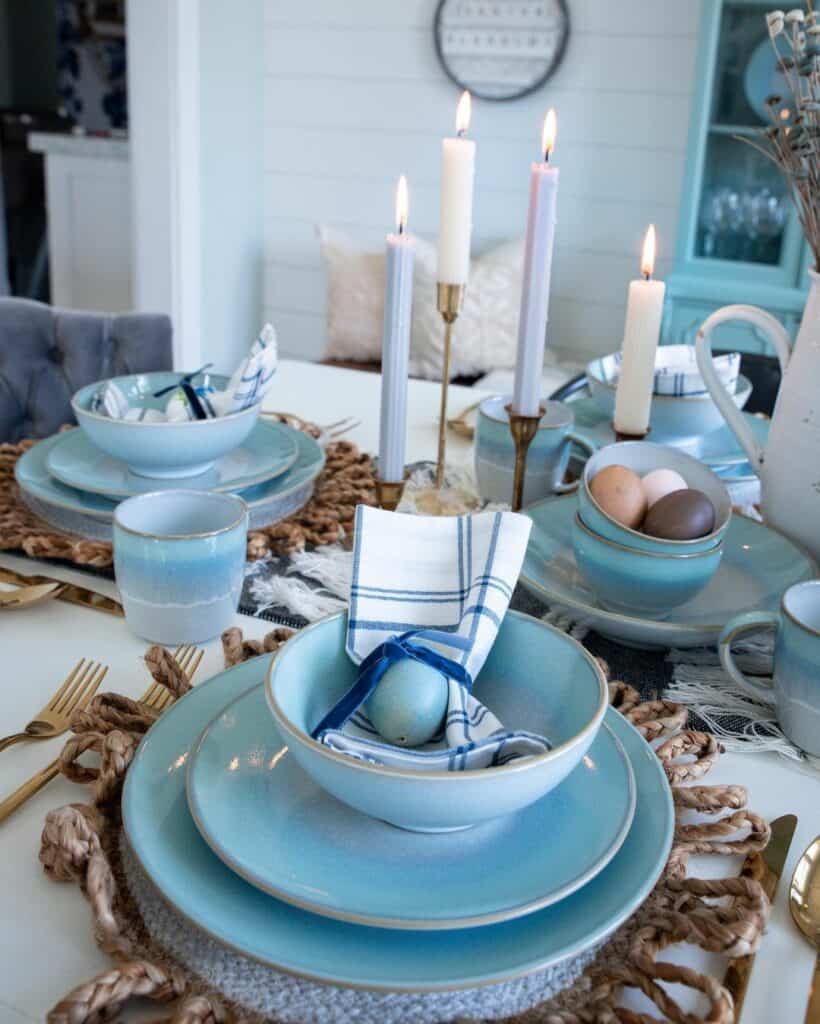 Blue Easter Table With Easter Eggs