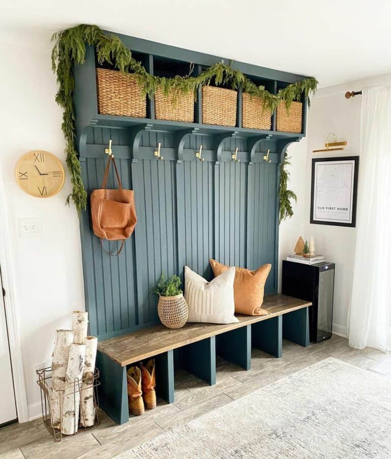 Blue Mudroom Lockers With Wood Accents
