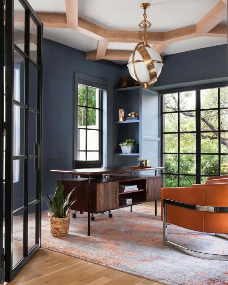 Blue Office With Wood Coffered Ceiling