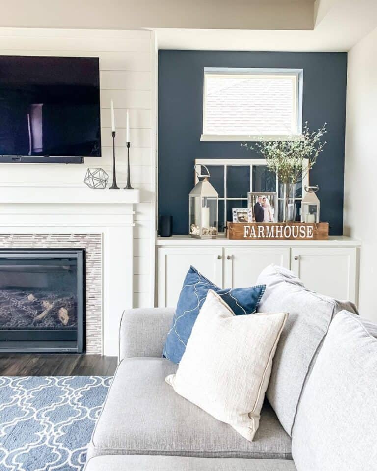 Blue and White Farmhouse Living Room Design