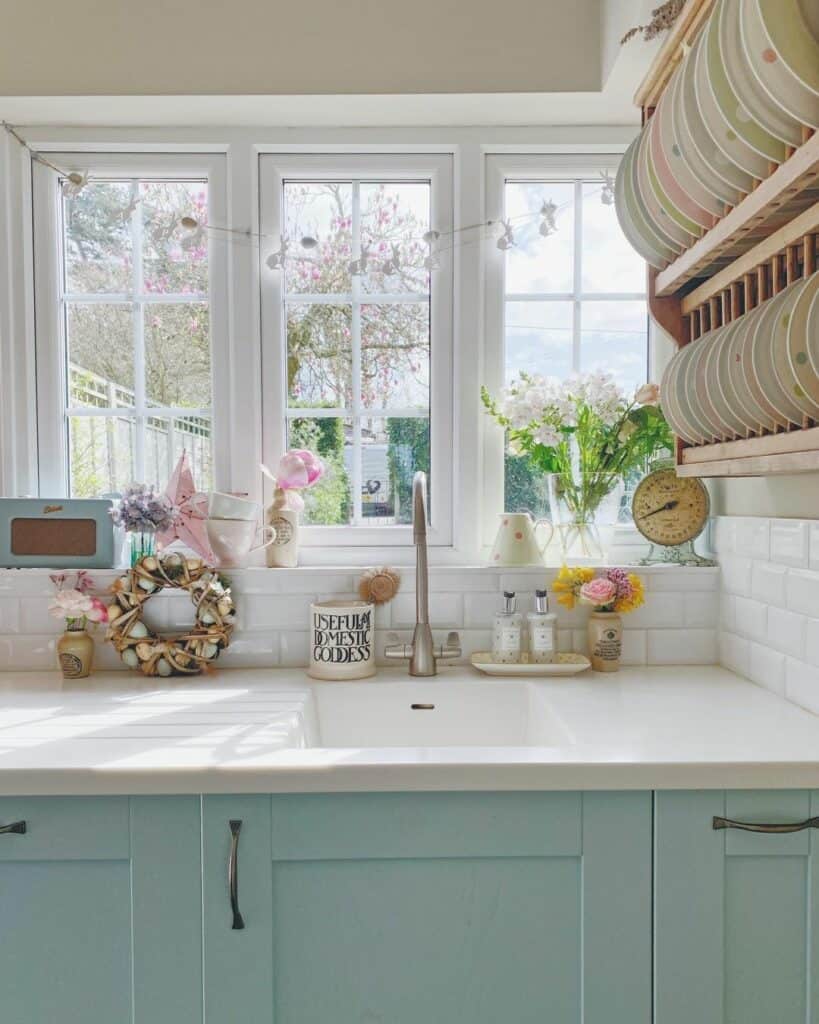 Blue and White Kitchen Counter With Easter Decorations
