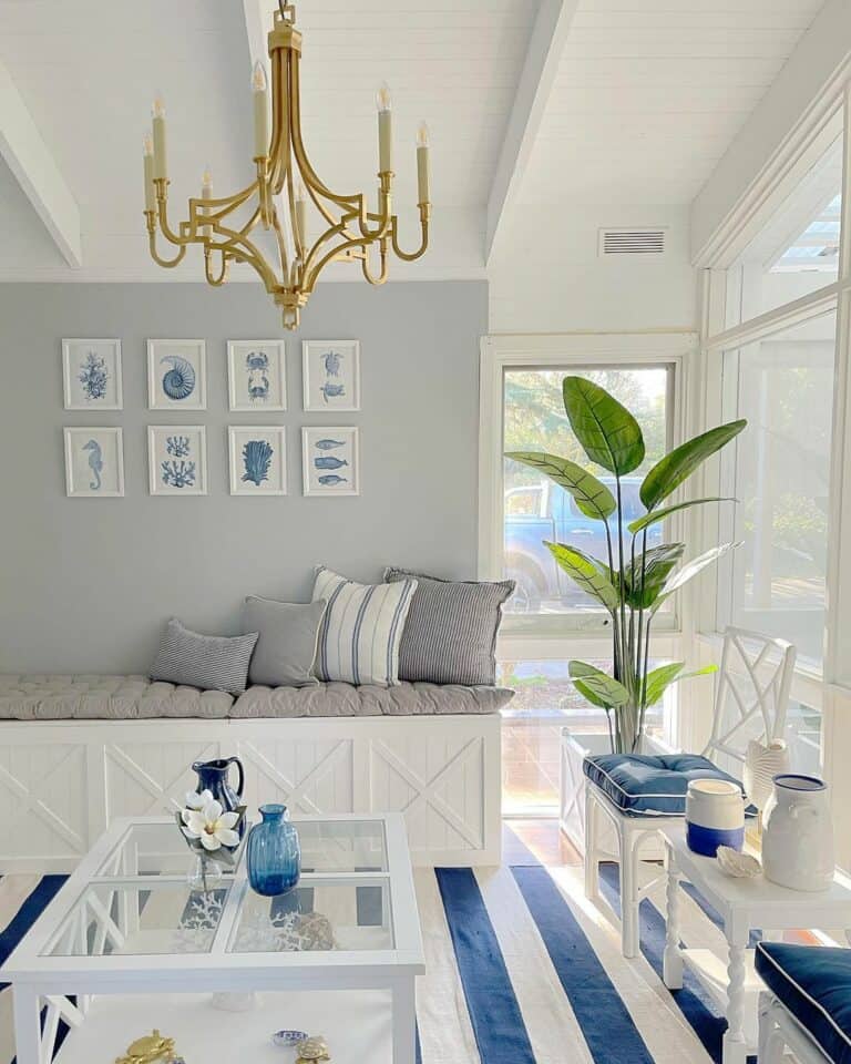 Blue and White Space With Gold Chandelier
