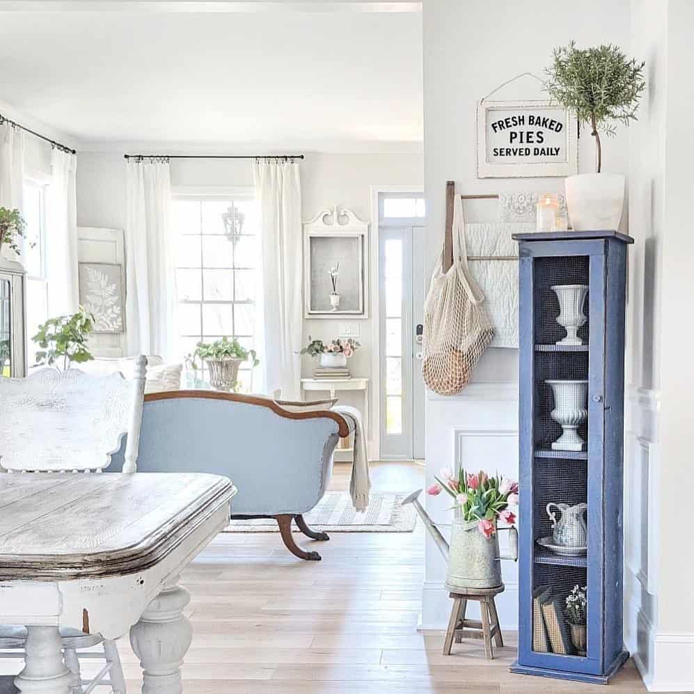 Blue-and-White Themed Living Room With Potted Plants