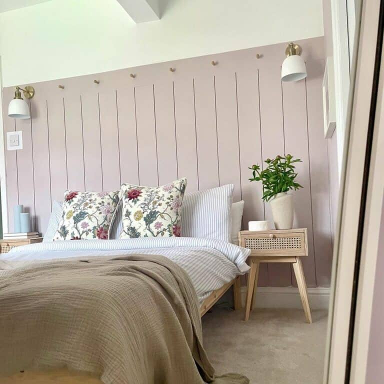 Blush Shiplap Accent Wall in Floral Bedroom
