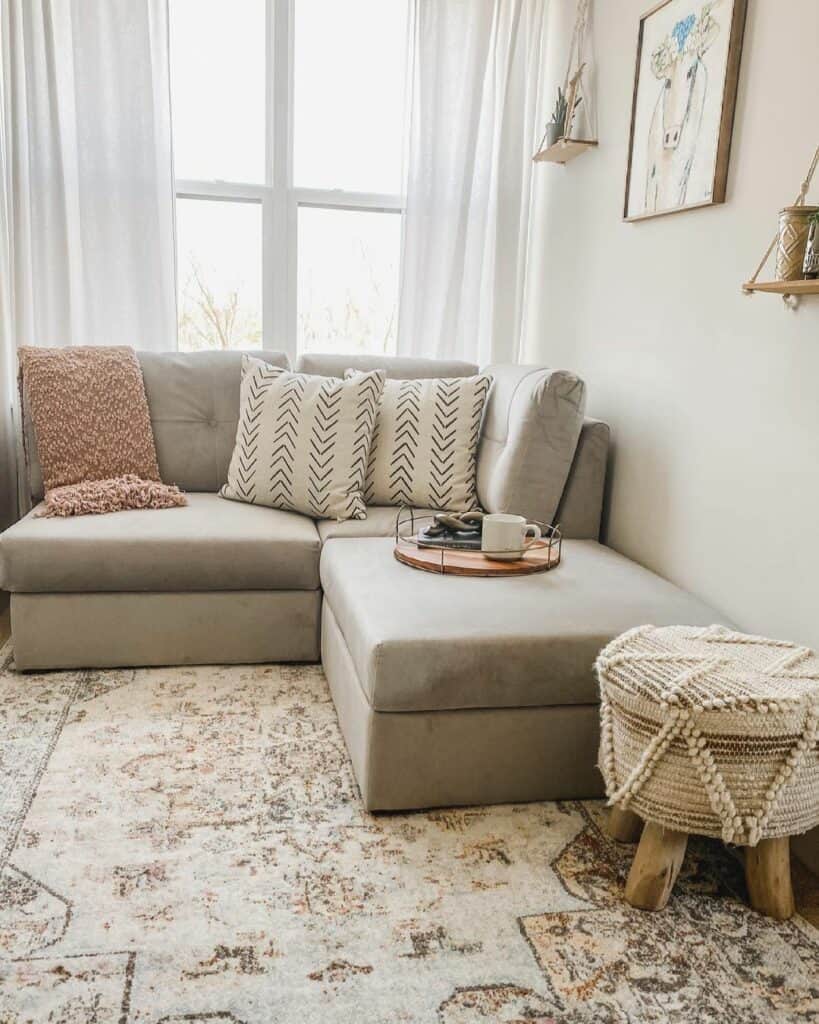 Boho Accents Surround a Gray Chaise Sofa